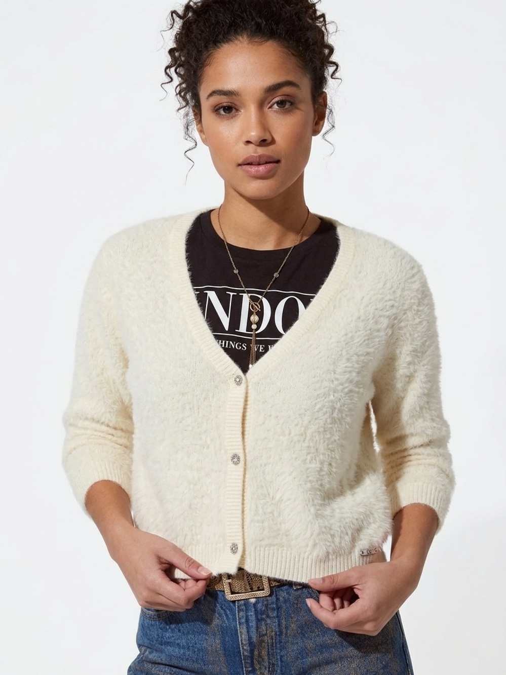 Q2 Ivory Cream Fuzzy Knit Cardigan Sweater Rhinestone Buttons - Size Small